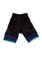 A pair of 8.5 inch women's run hipsters with a GRL PWR logo, featuring side pockets and a wide waistband with colorful striped detailing on the legs.